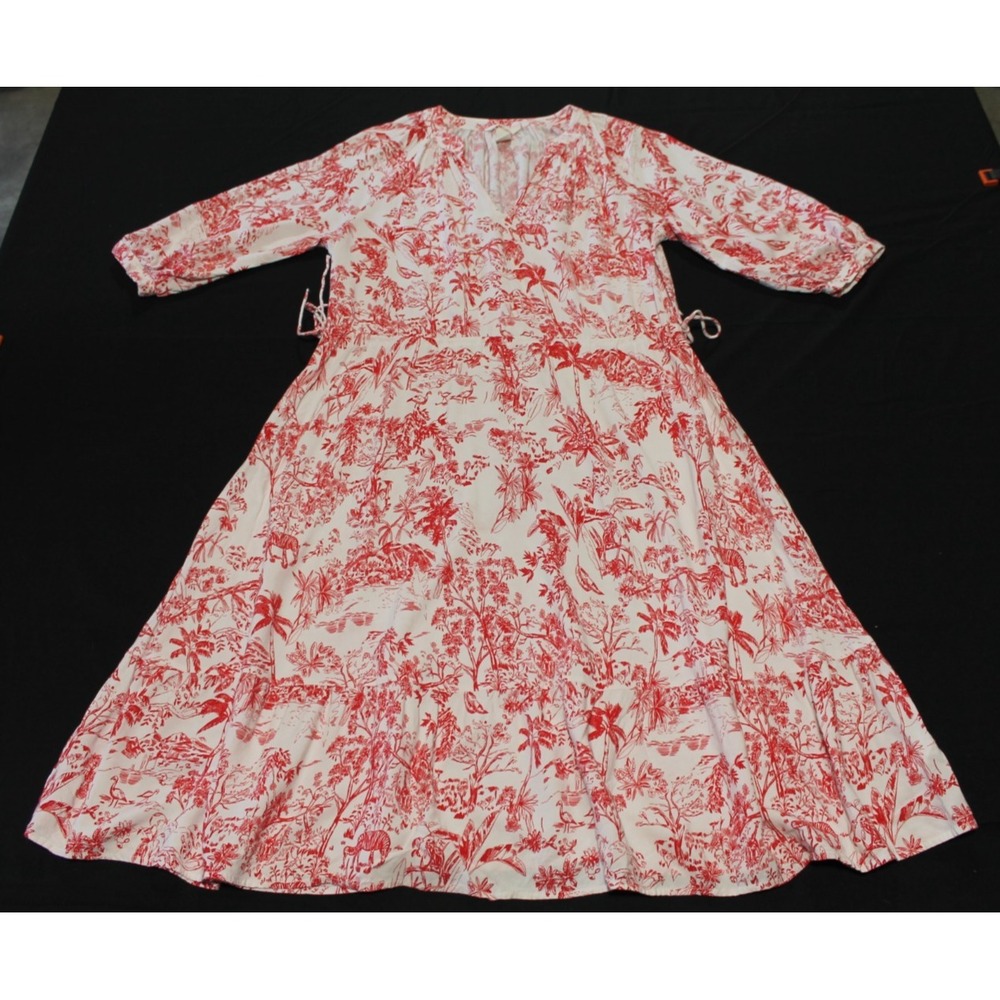 H&M L.O.G.G. Women Medium Red White Toile Print Midi Dress Tie Waist Cottagecore